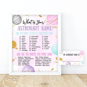 Quel est votre panneau de nom d'astronaute, carte de visite d'astronaute, astronaute rose de fille de fête d'anniversaire, panneau de nom de planète téléchargement imprimable