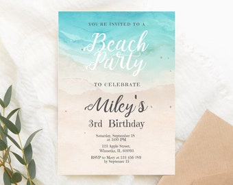 May include: A beach-themed birthday party invitation with a watercolor background of blue waves and sand. The invitation says "You're invited to a Beach Party to celebrate Miley's 3rd Birthday." The invitation includes the date, time, address, and RSVP information.