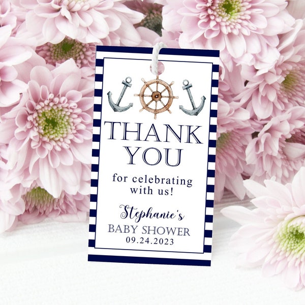 Editable Nautical Thank you Tag Baby Shower Maritime Birthday Thank You Blue Ahoy Sea Gift Tag Favor PRINTABLE Digital Corjl Template