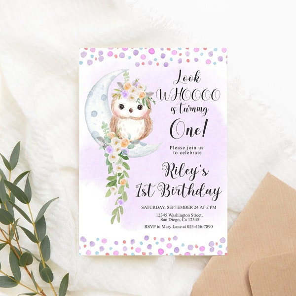 Editable Owl Birthday Invitation Purple Owl Theme Birthday Party Invite Girl Cute Owl Digital Violet Floral Moon PRINTABLE Corjl Template