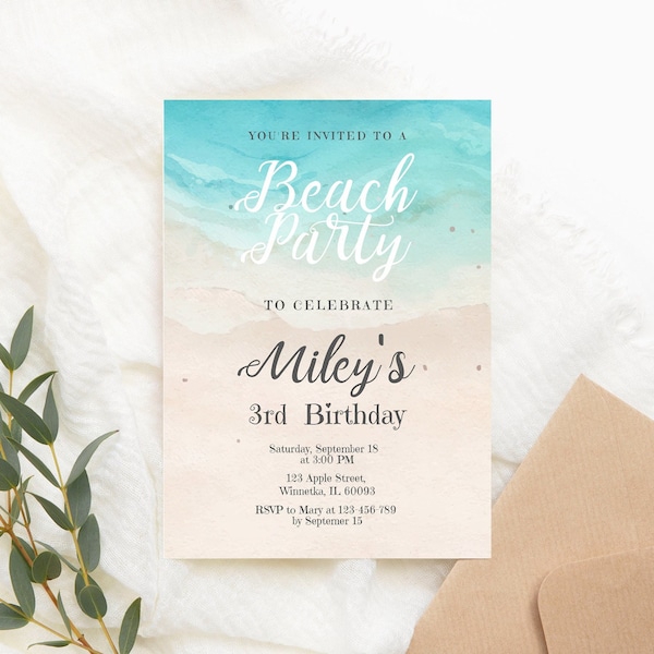 Editable Beach Birthday Invitation any age Ocean Birthday Invite Tropical Beach Party Invite Summer PRINTABLE Corjl Template Digital