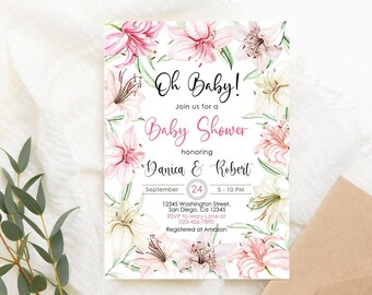 Lily Baby Shower Invitation: Pink Floral, Editable Template (Digital)