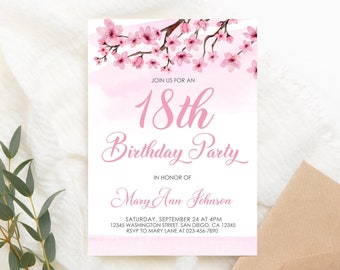 Editable Cherry Blossom birthday party invitation spring sakura bloom invite pink floral invitation Japanese Flower PRINTABLE Template Corjl