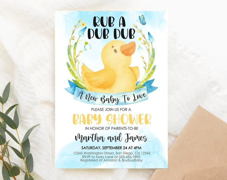 Editable Yellow Duck Baby Shower Invitation Baby Duck Invite Yellow Rub Dub Duck Rubber Ducky Gender Neutral PRINTABLE Corjl