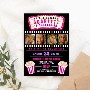 Editable Movie Birthday Party Invitation with Photo Picture Girl Pink Movie Night Party Movie Night Invite Cinema PRINTABLE Corjl Template