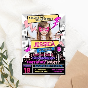 Bearbeitbare Pink Hero Girl Geburtstagseinladung Super Party Power Geburtstag Invite mit Bild Foto Digitaler Download DRUCKBARE Corjl Vorlage
