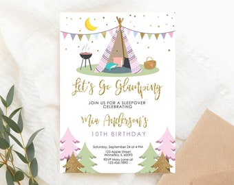 Editable Camping Birthday Invitation Glamping Birthday Party Invite Camping Sleepover Party Invitation Girl Party Invite PRINTABLE Corjl