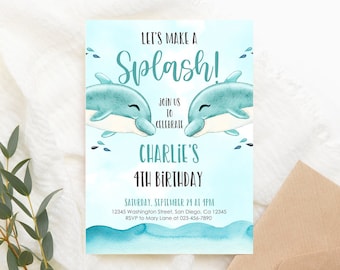 May include: A blue and white birthday invitation with two cartoon dolphins kissing. The invitation says "Let's Make a Splash!" and "Charlie's 4th Birthday".