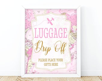 Travel Cards & Gifts Party Sign Pink Map Adventure Sign Baby Shower Bridal Shower Birthday Luggage Drop Off Table Decor Printable Download