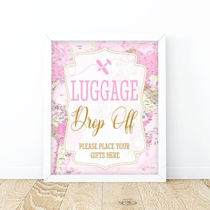 Reise Karten & Geschenke Party Schild Rosa Karte Abenteuer Schild Baby Shower Brautparty Geburtstag Gepäck abgeben Tischdekoration Printable Download