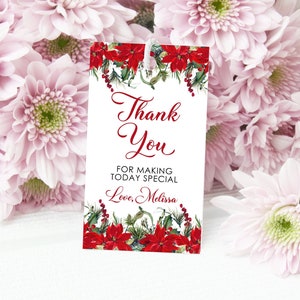 Bewerkbare kerst gunst tag Merry Little baby shower rode poinsettia bloem vakantie partij dank u tag afdrukbare digitale downloadsjabloon