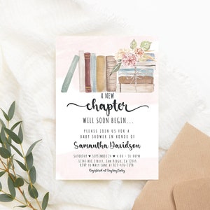 May include: A pink and white baby shower invitation with a watercolor illustration of a stack of books and flowers. The text reads "A new chapter will soon begin... Please join us for a baby shower in honor of Samantha Davidson. Saturday, September 24, 4:00 - 10:00 PM, 12345 ABC Street, San Diego, CA 12345. RSVP to Mary Lane at 023-456-7890. Registered at Baybay Baby."