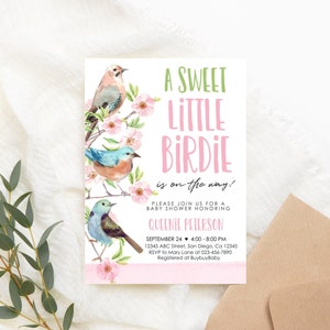 Editable Little Birdie Baby Shower Invitation Bird Invitation Bird Flowers Invite Baby Shower Pink Green PRINTABLE Corjl Template