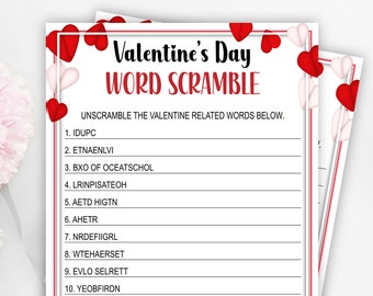 Valentine's Day Word Scramble Game, Printable, Valentine's Day Game, Fun Valentine's Day Games, Party Games, Hearts, Adults, Galentine's Day