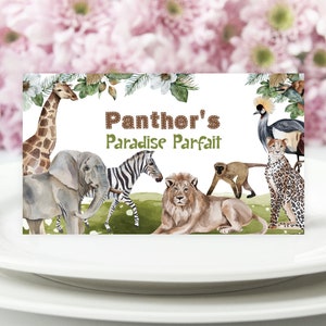 Bewerkbare jungle voedseletiket jungle dieren thema leeuw giraffe olifant buffet label tabel tent kaart digitale download afdrukbare Corjl-sjabloon