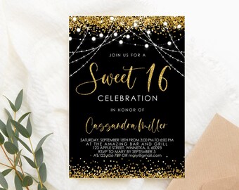 Bearbeitbare Schwarze Gold Geburtstagseinladung PRINTABLE Sweet sixteen Geburtstagseinladung Gold Schwarze Einladung GeburtstagSparty 5x7 Corjl Template