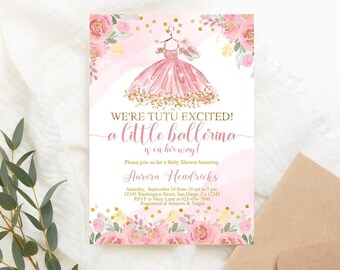 May include: Pink and gold baby shower invitation with a watercolor background and floral accents. The invitation reads "We're Tutu Excited! A Little Ballerina is on her way!" and includes the name "Aurora Hendricks".