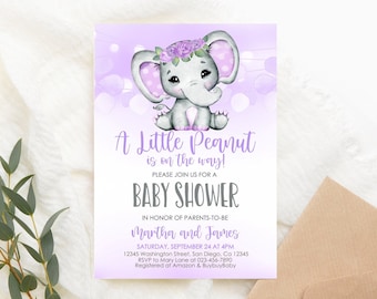May include: Baby shower invitation featuring a watercolor illustration of a gray elephant with a floral crown. The invitation has the text "A Little Peanut is on the way!" and details for the event, including the parents' names, date, time, and location.