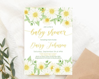Editable Daisy Baby Shower Invitation Daisy Flower baby shower invite White daisy green Daisy Invite PRINTABLE Corjl Template Digital
