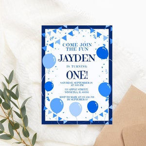 Editable Balloon Birthday Invitation Blue Balloon Birthday Invitation Blue Invitation Balloon Party Invitation Blue PRINTABLE Corjl Template