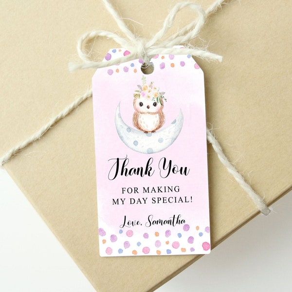 Editable Pink Owl Favor Tag Thank you Tag Owl Birthday Thank You Favor Gift Tag Favor Bag PRINTABLE favor tag Corjl Template Pink Owl Moon