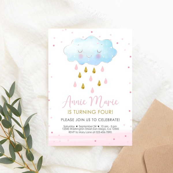 Editable Rain Birthday Invitation Cloud Rain Pink Birthday Invite Raindrops Pink Girl Cloud Rain fall Birthday Pary Invite PRINTABLE Corjl