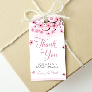 Bearbeitbare Kirschblüten-Dankeschön-Tag-Geburtstag-Dankeschön-Rosa-Mädchen-Leckerei-Geschenk-Tag-Bevorzugungs-Tasche DRUCKBARE Gefälligkeits-Tag Digital Corjl-Vorlage