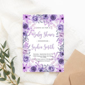 Editable Purple Baby Shower Invitation Purple  Baby Shower Party Invite Violet Floral Flower Baby Shower Invite PRINTABLE Corjl template