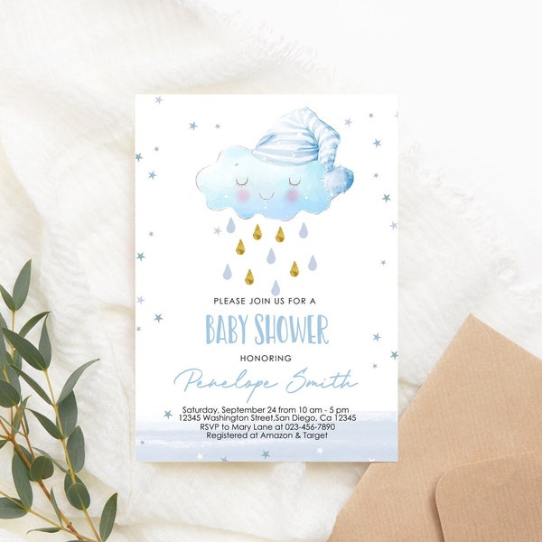 Editable Cloud Rain Baby Shower Invitation Baby Shower Raindrops Blue Baby Shower Cloud Rain fall Baby Shower Invite Boy PRINTABLE Corjl