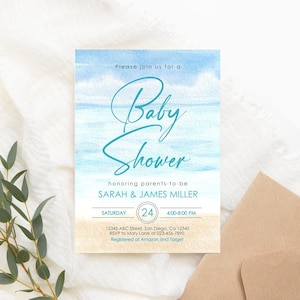 Editable Beach Baby Shower Invitation Beach Sea Ocean Baby Shower Invite Beach Invitation Gender Neutral PRINTABLE Corjl Template 5x7