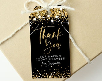 Editable Gold Black Thank you Tag Sweet Sixteen Birthday Thank You Sweet Gift Tag Favor Bag PRINTABLE favor tag Digital Corjl Template