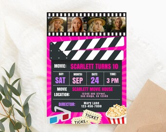 Editable Movie Birthday Invitation with Photo Pink Black Girl Movie Birthday Party Invitation Movie Night InvitePRINTABLE Corjl Template