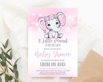 Editable Girl Elephant Baby Shower Invitation Pink Elephant Girl  Baby Shower Party Invite Digital Download PRINTABLE Corjl Template