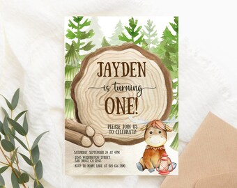 Editable Moose Birthday Party Invitation: 1st Forest Jungle Invite (Digital Printable Corjl Template)
