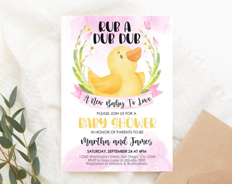 Editable Duck Baby Shower Invitation Pink Baby Duck Invite Yellow Rub Dub Duck Rubber Ducky Girl Baby Shower PRINTABLE Corjl