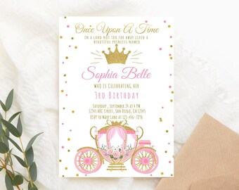 May include: A pink and gold princess-themed birthday invitation with a gold crown, a pink carriage, and the text "Once Upon A Time", "Sophia Belle", "Who is celebrating her 3rd Birthday", "Saturday, September 24 at 4 PM", "12345 ABC Street, San Diego, CA 12345", and "RSVP to Mary Lane at 123-456-7310".