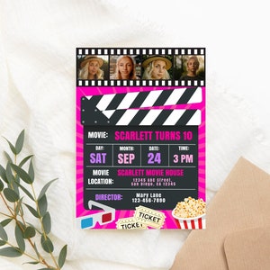 Editable Movie Birthday Invitation with Photo Pink Black Girl Movie Birthday Party Invitation Movie Night InvitePRINTABLE Corjl Template