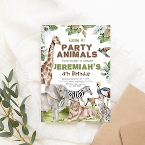 Convite editável de aniversário na selva Convite de aniversário de animais Convite de festa de zoológico Convite de safari Convite de safari Animais de selva selvagens para impressão Corjl
