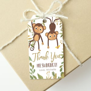 Etiqueta de agradecimento de macaco editável, etiqueta de agradecimento de aniversário de macaco, etiqueta de presente, saco de lembrancinhas, etiqueta de chá de bebê, gêmeos conjuntos, modelo corjl para impressão