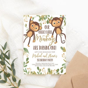Invitation d'anniversaire de singe modifiable Invitation de fête d'anniversaire de singe jumeaux anniversaire joint Invite Jungle Monkey PRINTABLE Corjl Template