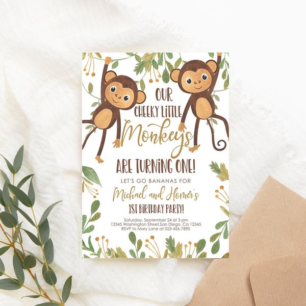 Editable Monkey Birthday Invitation Monkey Birthday party Invitation twins birthday joint Invite Jungle Monkey PRINTABLE Corjl Template