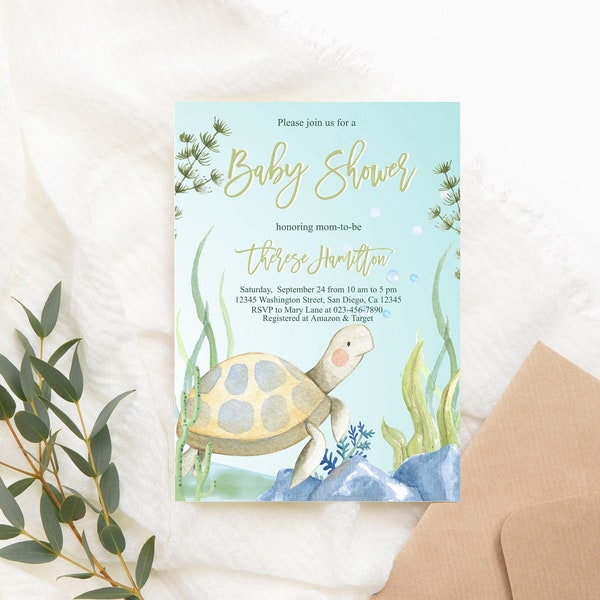Editable Turtle Baby Shower Invitation  Ocean Baby Shower Invitation Sea Turtle Invite Digital Download PRINTABLE Corjl Template