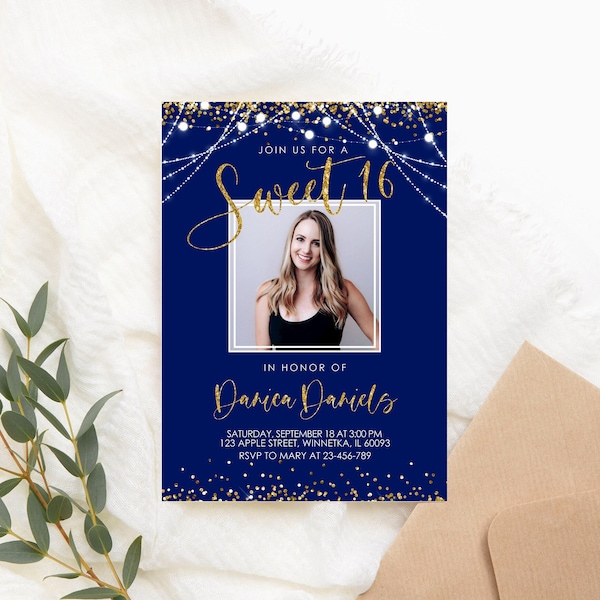 Editable Sweet Sixteen Invitation Sweet 16 Birthday Invitation Blue Gold Picture Photo Invitation Sweet sixteen PRINTABLE Corjl Template