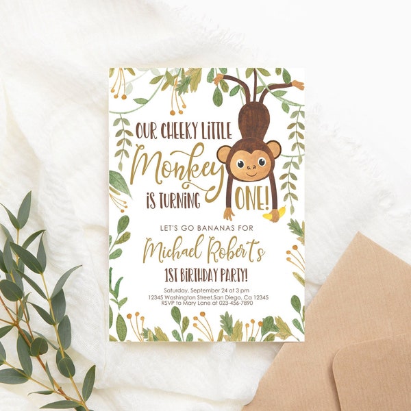 Editable Monkey Birthday Invite Monkey Invitation Birthday Birthday Party Invite Jungle Monkey Digital Invite PRINTABLE Corjl Template