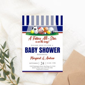 Editable Sport Baby Shower Invitation Blue Sports Baby Shower Invite Sports theme Baby Shower Digital Download PRINTABLE Corjl template