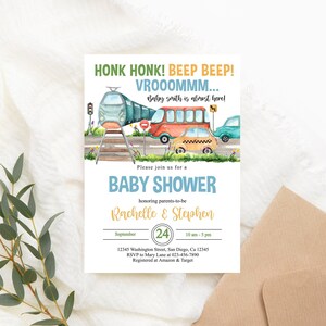 Editable Transportation Baby Shower Invitation Vehicles Baby Shower Invite Transportation Invite Train Car Bus PRINTABLE Corjl template