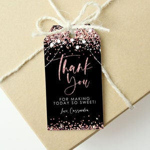Bearbeitbare Rose Gold Schwarz Danke Tag Sweet Sixteen Geburtstag Danke Süße Geschenk Tag Favor Tasche DRUCKBARE Bevorzugung Tag Corjl Vorlage