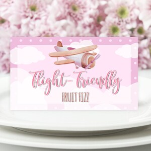 Étiquettes modifiables de nourriture d'avion rose, carte de tente, carte de nourriture, carte de tente de table, étiquette de buffet d'avion imprimable, fête d'anniversaire de Corjl, baby shower