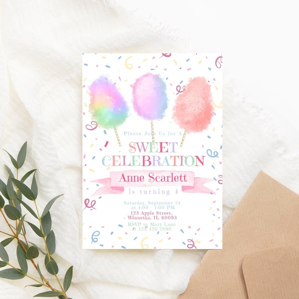 Editable Cotton Candy Invitation Cotton Candy Birthday Party Invite Sweet Birthday Invitation Pink  Sprinkles PRINTABLE Corjl Template