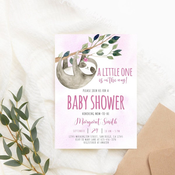 Editable Sloth Baby Shower Invitation Cute Sloth Baby Shower Invite \Pink Girl Sloth Baby Shower Invite Baby Shower Party PRINTABLE Corjl